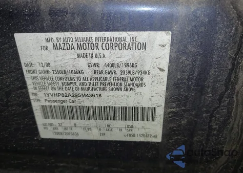 2009 Mazda Mazda6 I Touring из США, поврежденный, VIN 1YVHP82A295M43618